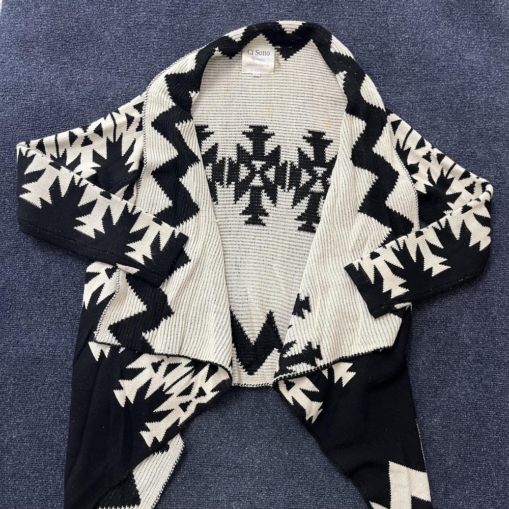 Vintage Ci Sono Cardigan Sweater Womens S/M Black Tribal Aztec Knit Open Front